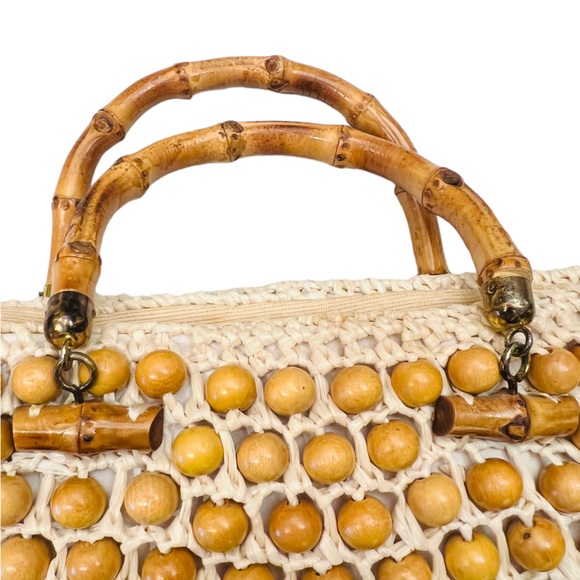 Vintage 50s Beaded Handbag brass Bamboo Handle Wicked Weave Made in Japan - Picture 2 of 12